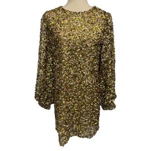 Zara Green and Gold Sequin Dress Size M Over Sized Long Sleeves with Button Cuff